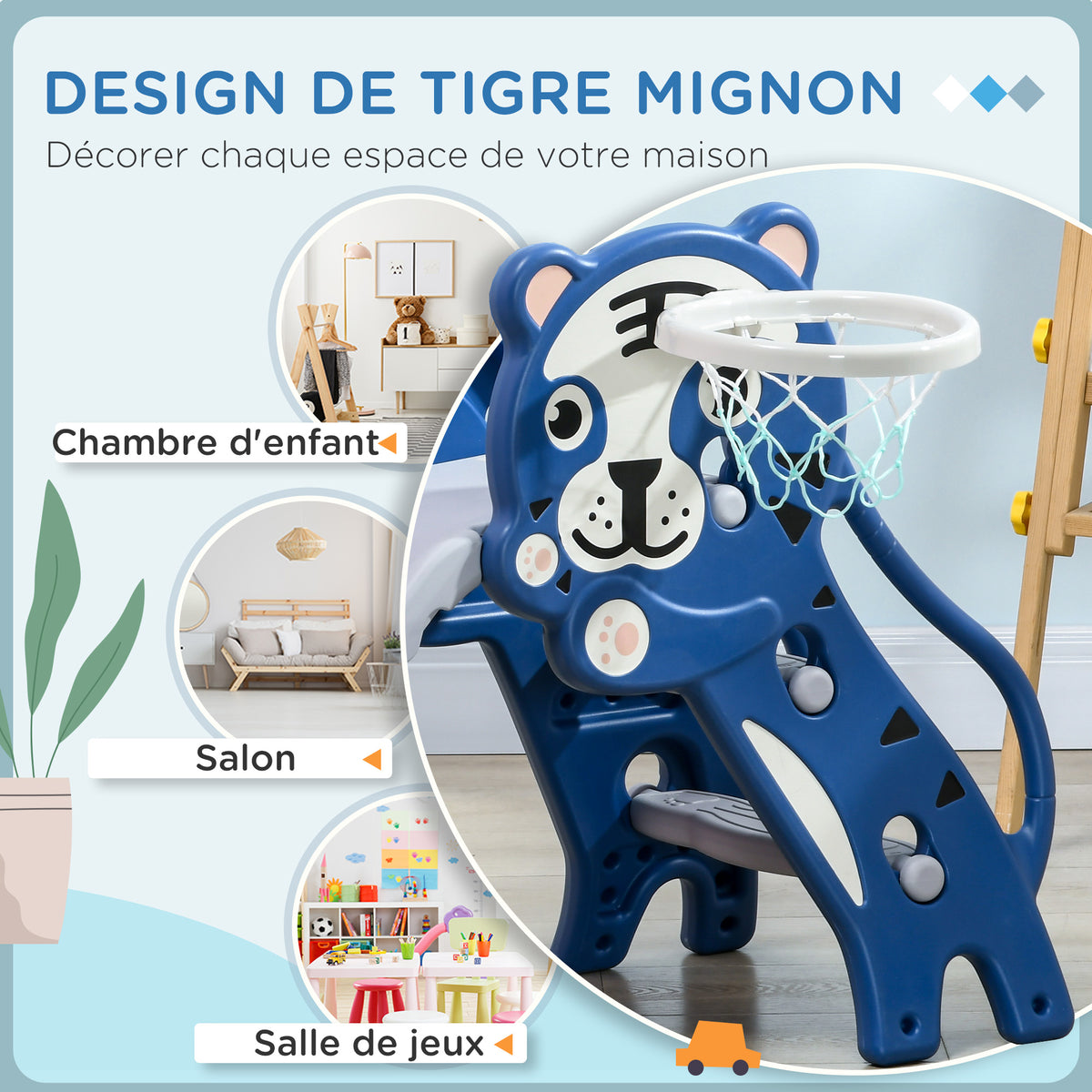 Toboggan pour enfants, toboggan intérieur pour enfants, avec panier de basket, thème tigre, de 18 à 36 mois, bleu