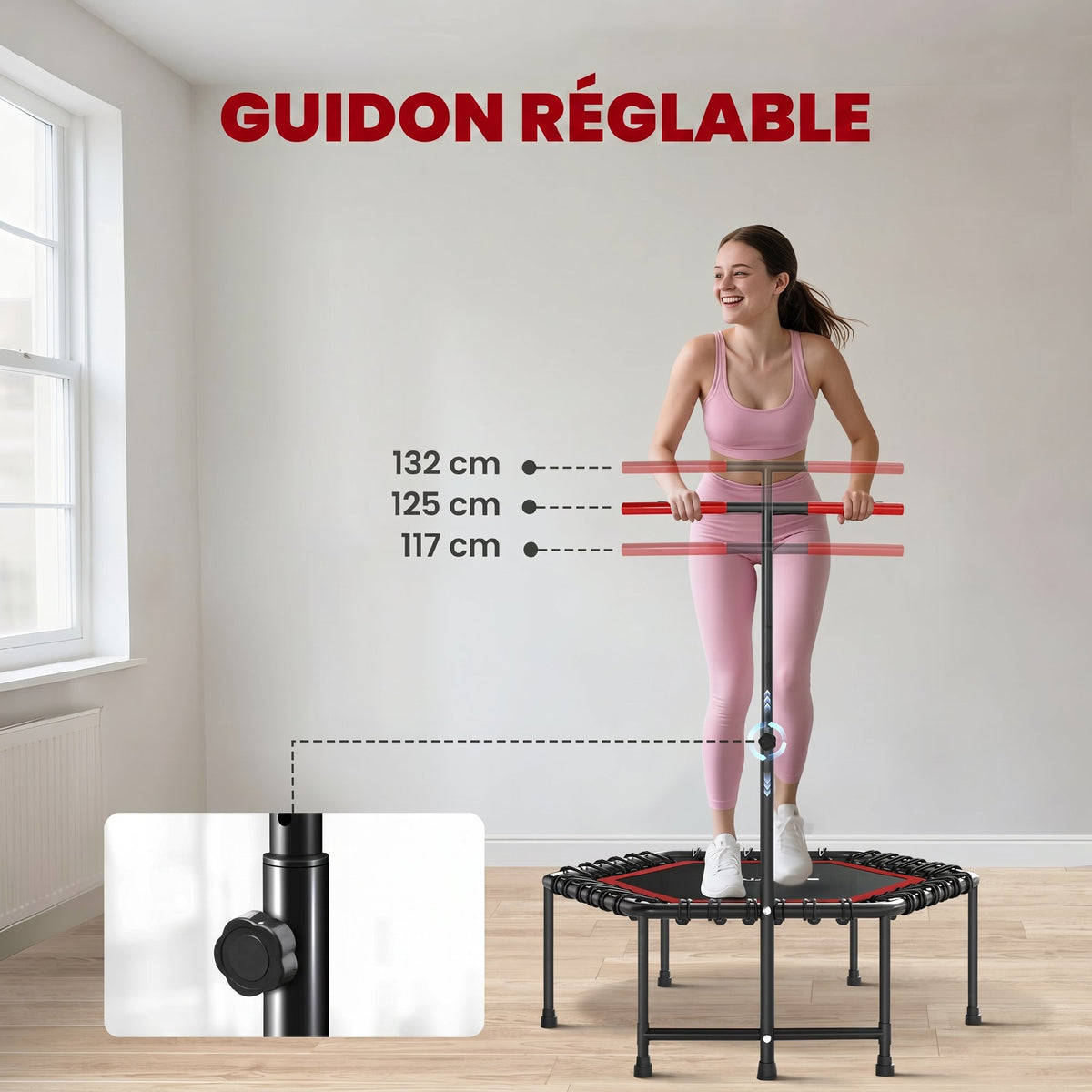 Trampoline de fitness 114 cm, cordes élastiques, poignée réglable 3 positions, trampoline d'exercice silencieux, rouge