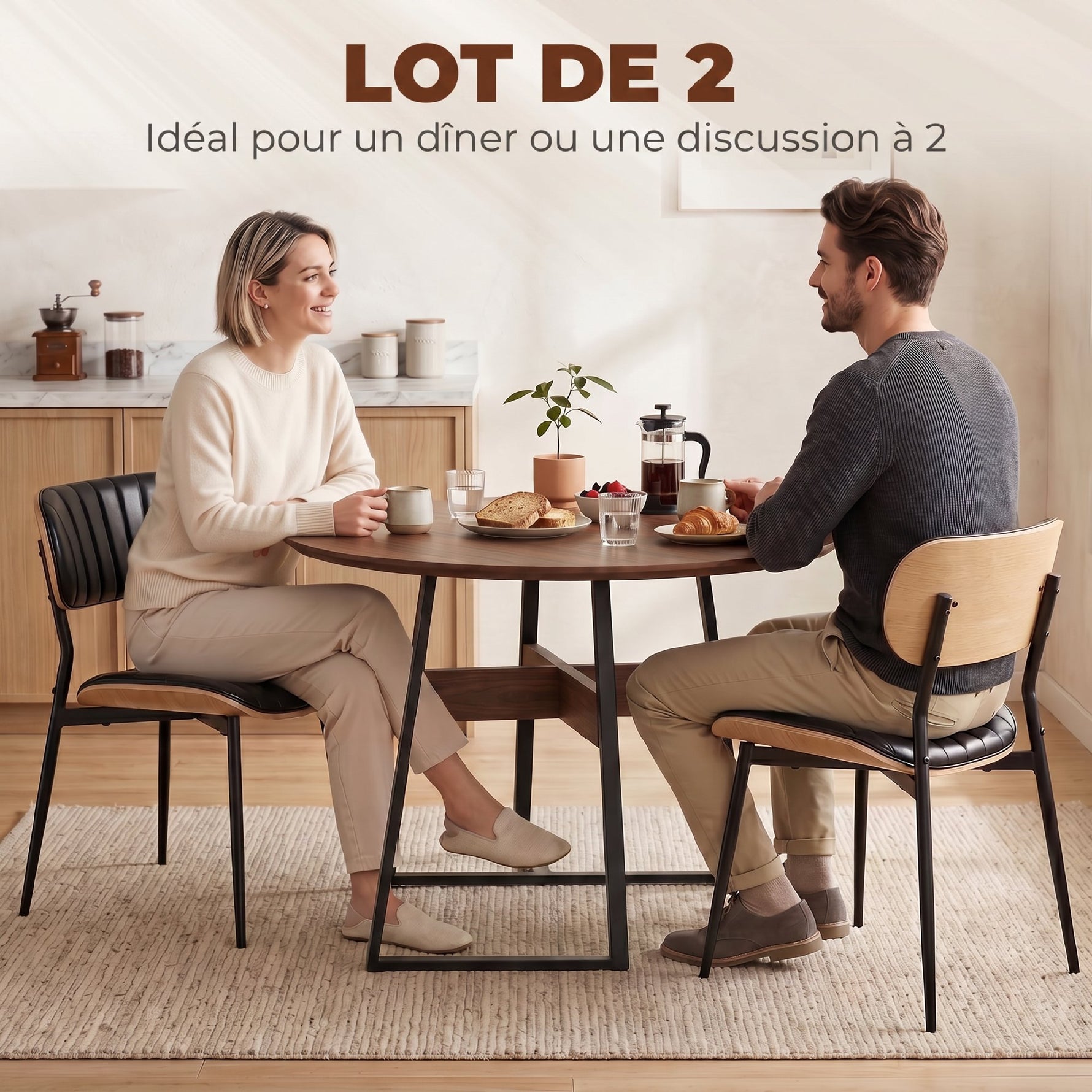 Lot de 2 Chaises de Salle à Manger, Chaises Cuisine sans Accoudoirs, Dossier Incurvé et Assise Rembourrée en PU, Noir