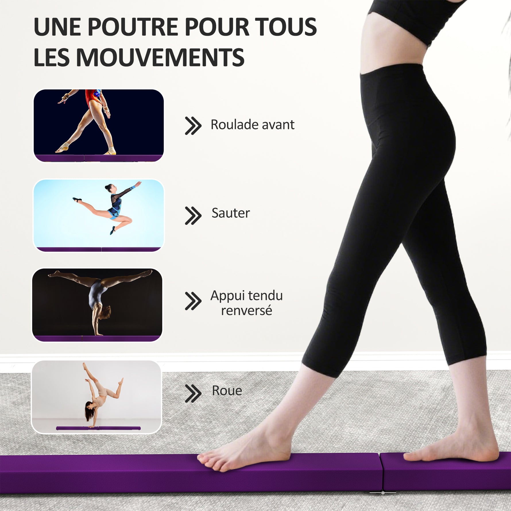 Poutre gymnastique pliable 210 cm en velours, poutre d'équilibre avec fond antidérapant, pour enfants et adultes, violet