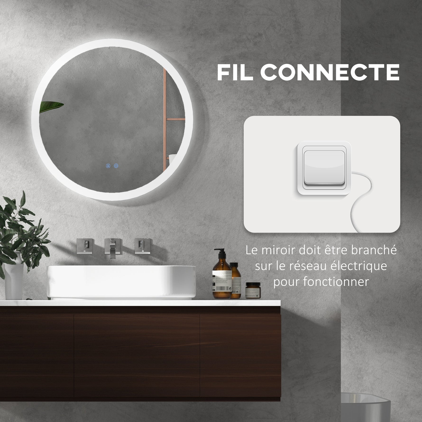 Miroir rond lumineux LED de salle de bain Ø 60 cm mural avec éclairage 3 couleurs interrupteur tactile 29 W gris