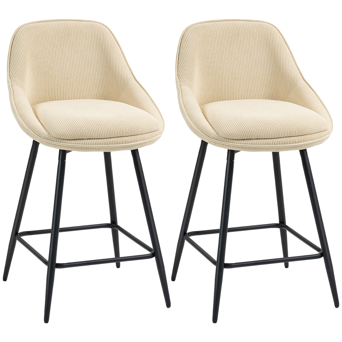 Lot de 2 tabourets de bar en tissu velours côtelé, chaises de bar avec dossier courbé, repose-pieds, 49x52x88cm, beige