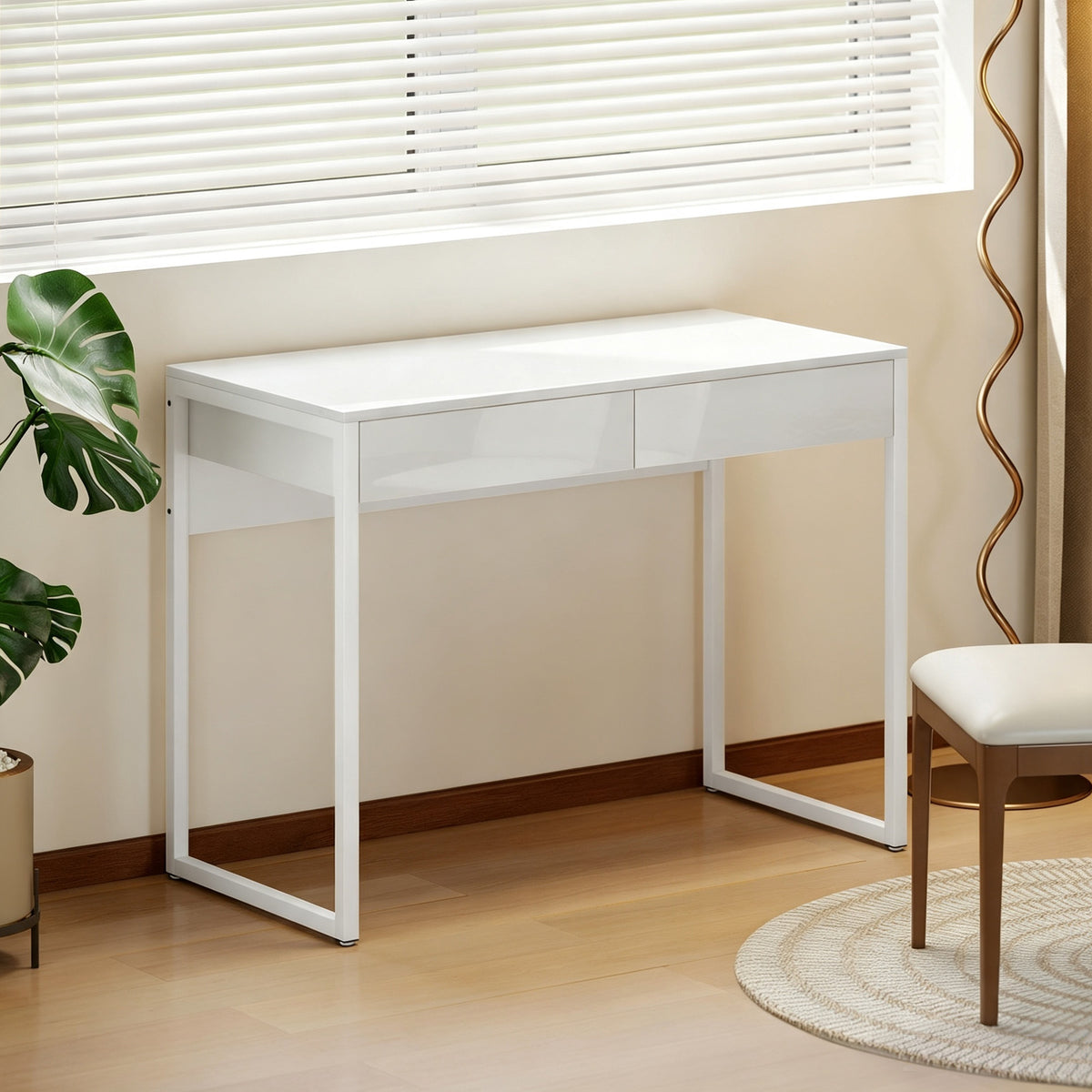 Bureau avec 2 tiroirs, table d'ordinateur 100 x 50 cm, bureau moderne pied en acier, pour petits espaces, blanc brillant