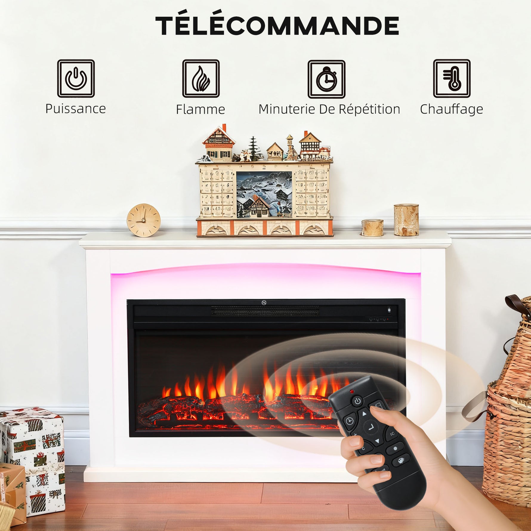 Cheminée électrique 1000W/2000W, fausse cheminée décorative, effet flamme à 5 luminosités réglables, 121x25x77cm, blanc