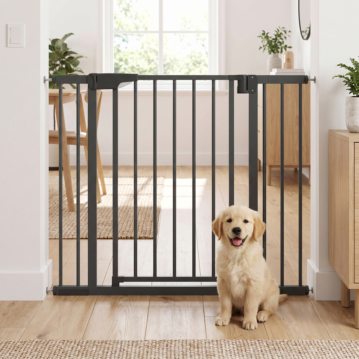 Barriera di sicurezza per cani e bambini da 76 a 102 cm con estensione, fissaggio a pressione senza fori, bianco