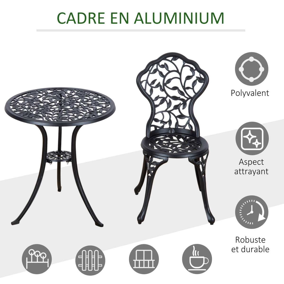 Ensemble de bistrot 3 pièces avec 2 chaises et 1 table ronde style antique, pour jardin, terrasse, balcon, noir