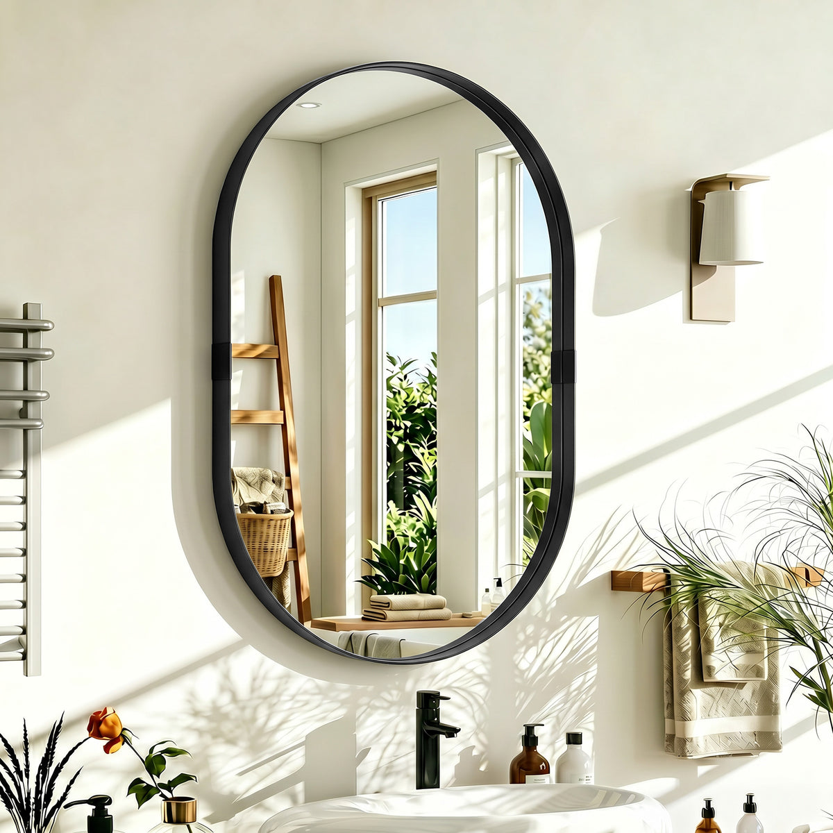 Miroir mural, miroir décoratif 60 x 90 cm en verre trempé et cadre en aluminium, pour chambre, salon, couloir, noir