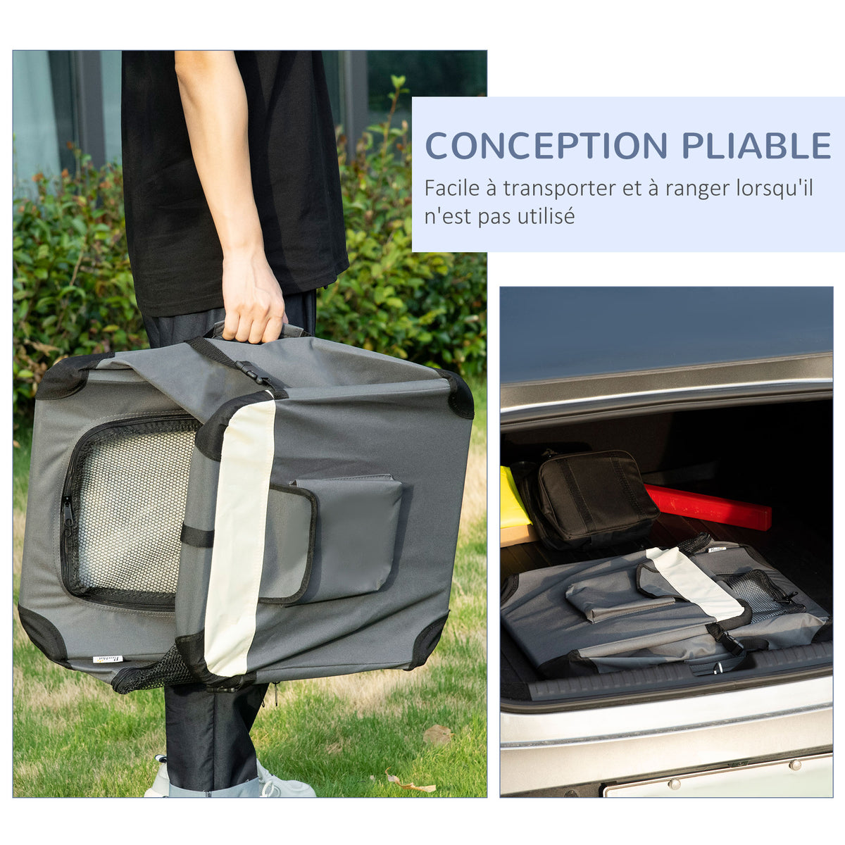 Sac de transport pliable - poignée, 3 entrées zippées, poche - coussin amovible - acier oxford polyester gris noir