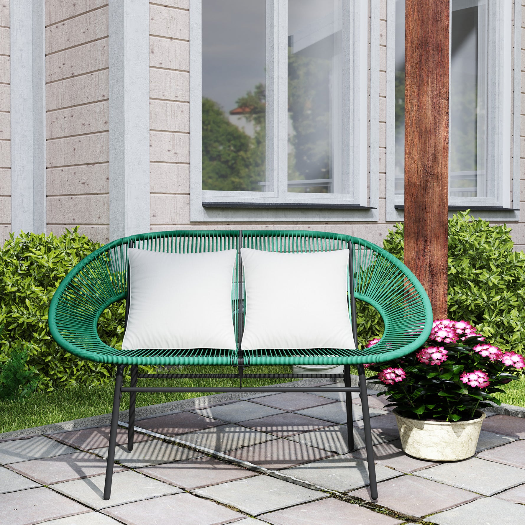 Banquette banc de jardin 2 places en acier et cordage en résine avec 2 coussins - dim. 132L x 72l x 83H cm - vert foncé