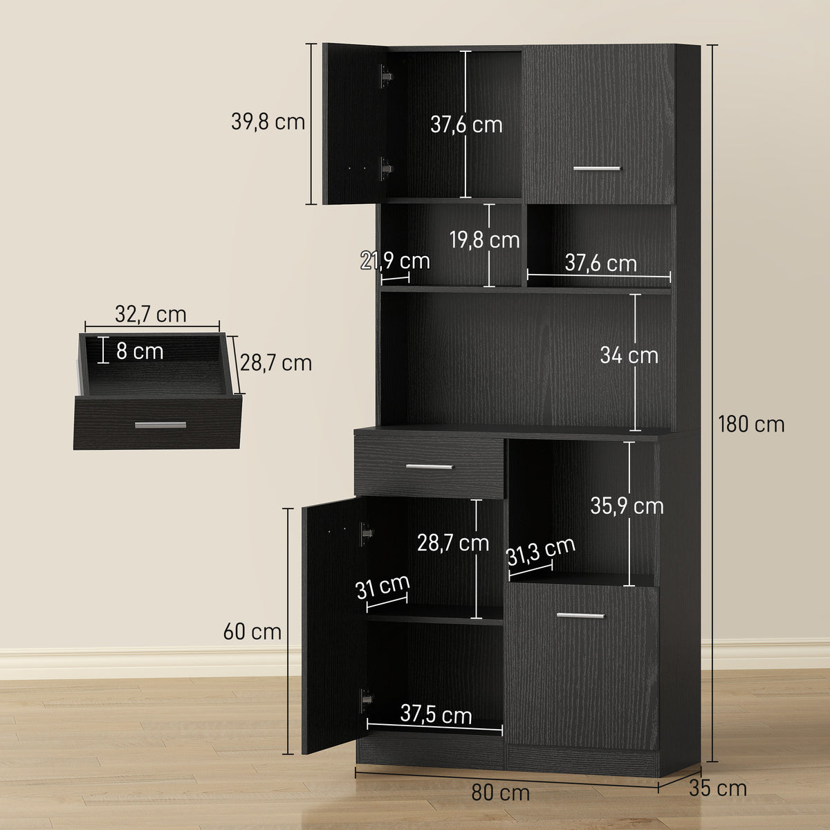Buffet Haut Cuisine, Armoire de Cuisine avec 4 Portes à Fermeture Douce, Tiroir et Étagères Réglables, Noir