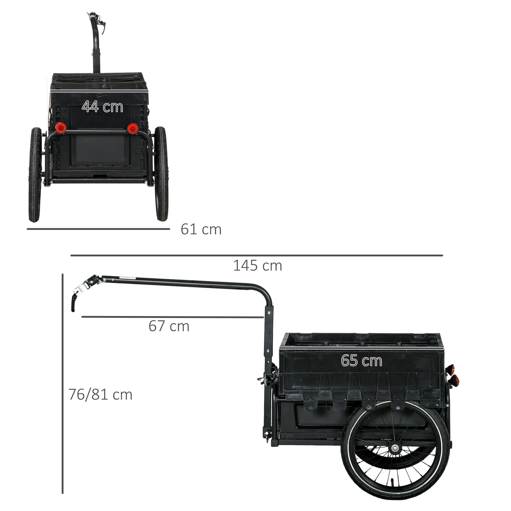 Remorque à vélo avec coffre de rangement amovible et pliable de 65L, réflecteurs de sécurité, charge max. 40KG, noir