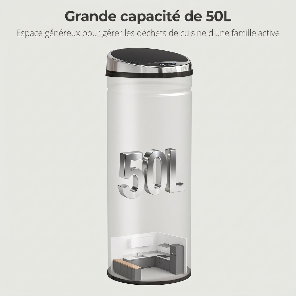 Poubelle à capteur de mouvement ouverture automatique 50 L en acier inoxydable noir et argent