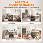 Meuble de rangement jouets enfant avec bibliothèque, 8 bacs en tissu, 2 tiroirs à roulettes et étagères ouvertes, blanc