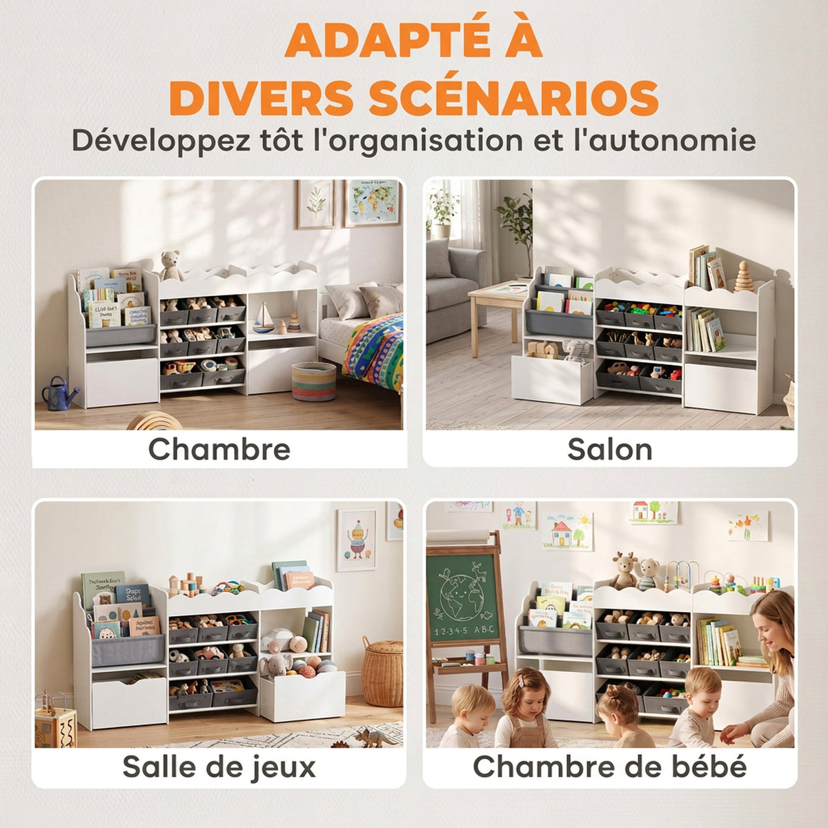 Meuble de rangement jouets enfant avec bibliothèque, 8 bacs en tissu, 2 tiroirs à roulettes et étagères ouvertes, blanc
