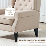 Gecapitonneerde fauteuil met brede zitting, houten poten, klassieke stijl, zeer comfortabel, 74 x 86 x 102 cm, beige