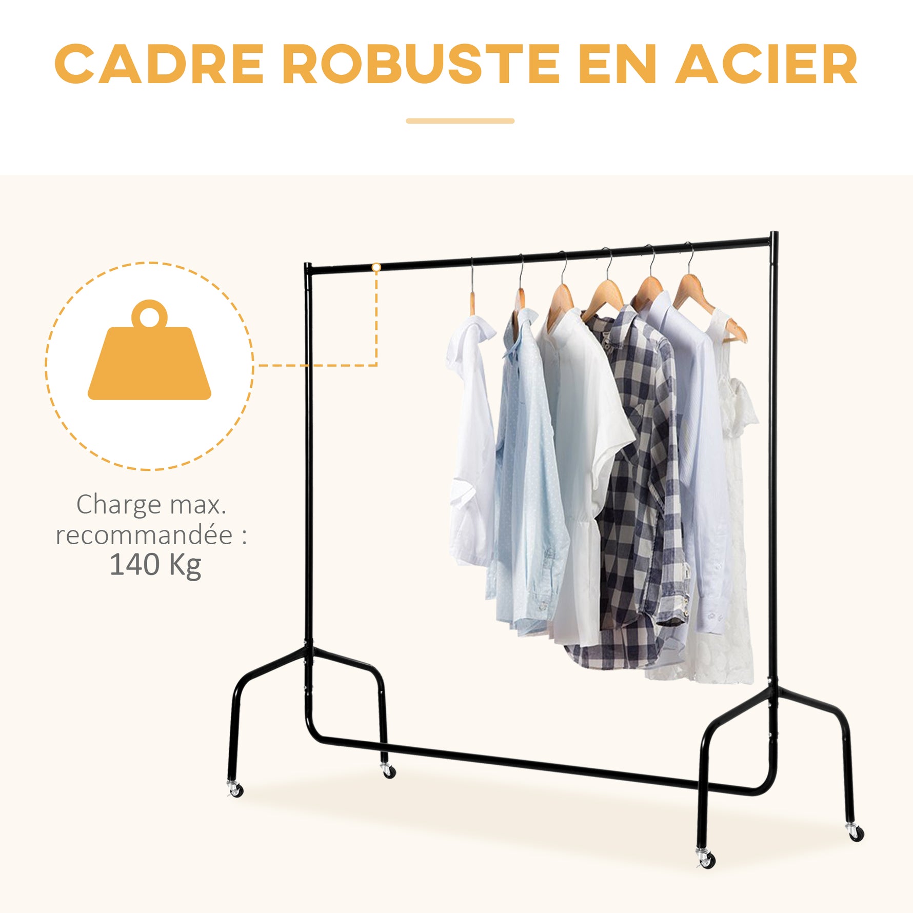 Portant à Vêtements avec Roulettes Tringle a Vêtement solide Charge 140 Kg 150 x 60 x 170 cm Porte-Manteau en acier noir