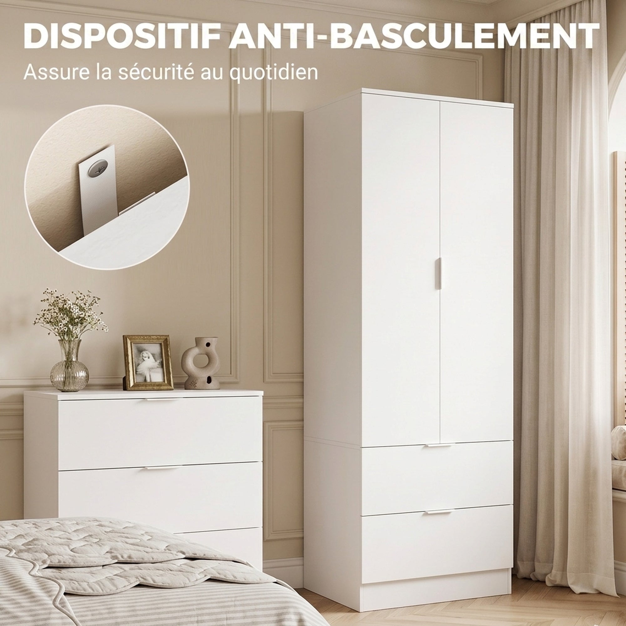 Bedroom Wardrobe with 2 Drawers, 2 Soft-Close Doors and Hanging Rail, 60 x 47 x 180 cm, White