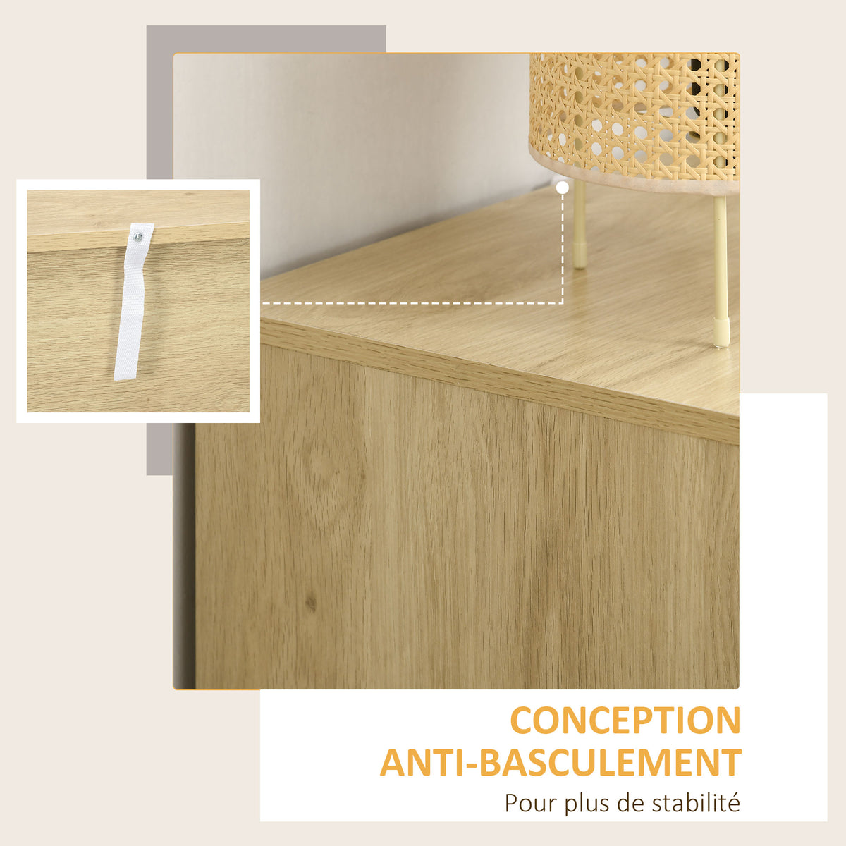 Commode design bohème en rotin avec 3 tiroirs, meuble de rangement pour le salon, le couloir, l'entrée, bois naturel