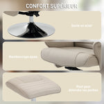 Fauteuil relax inclinable 135° pivotant 360° avec repose-pieds revêtement tissu beige