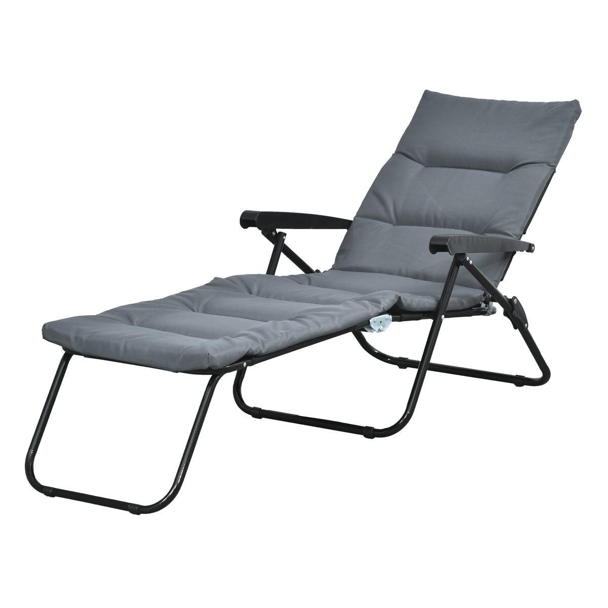 Bain de soleil pliable transat inclinable 6 positions avec matelas + accoudoirs acier polyester gris