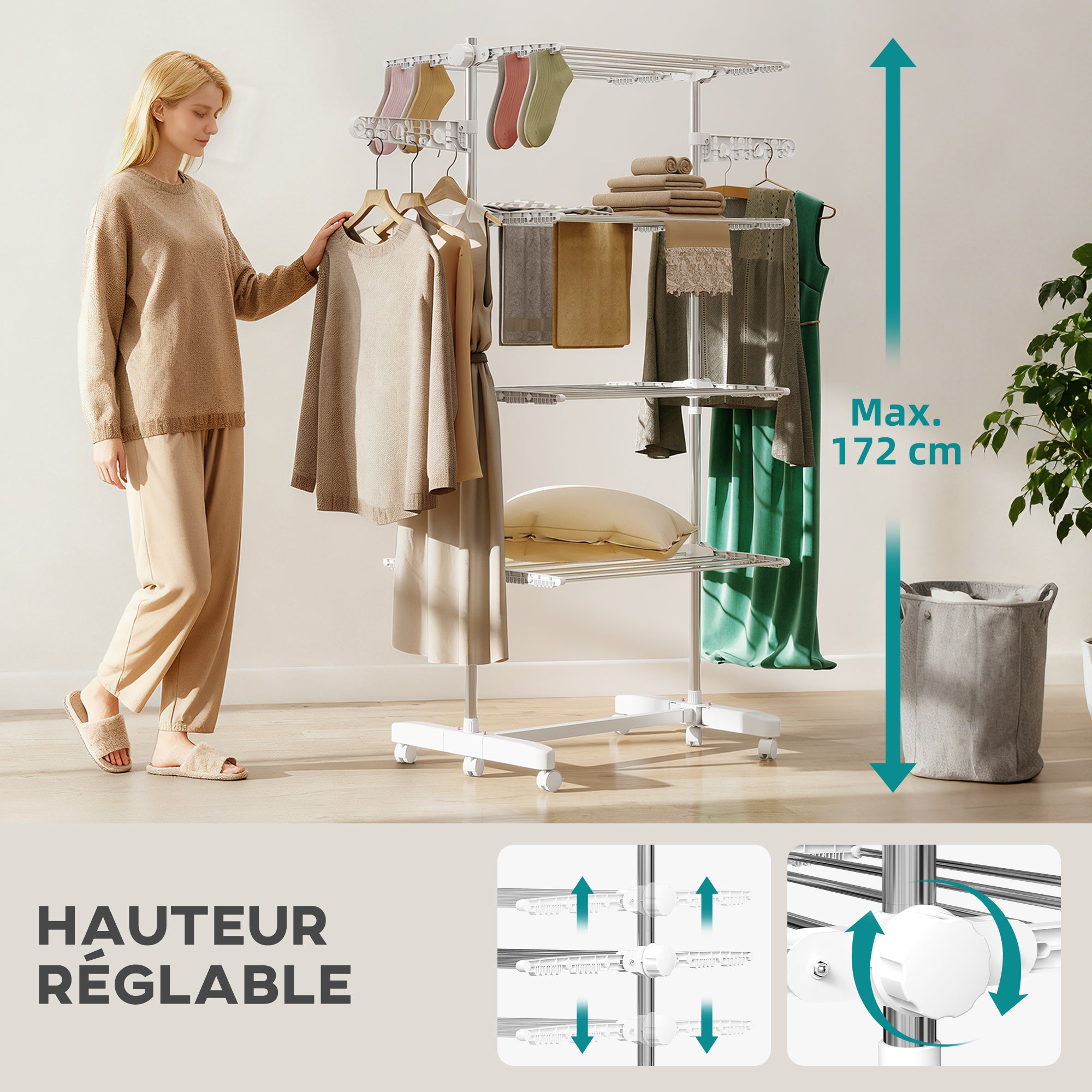 4-Tier Laundry Drying Rack, Clothes Dryer with 6 Wheels, Foldable, Stainless Steel Frame and Side Wings, for Indoor/Outdoor Use, 142 x 55 x 172 cm, White