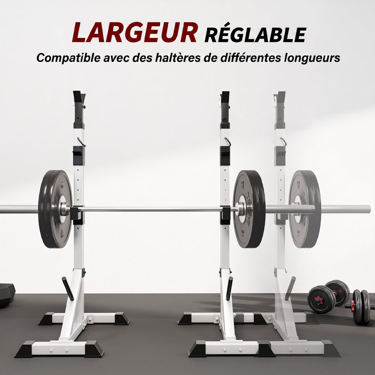 Verstelbaar Stalen Squat Rack, belastbaarheid 200 kg, houder voor 3 halterstangen met haken, 58,5x75,5x136-176 cm, zilver