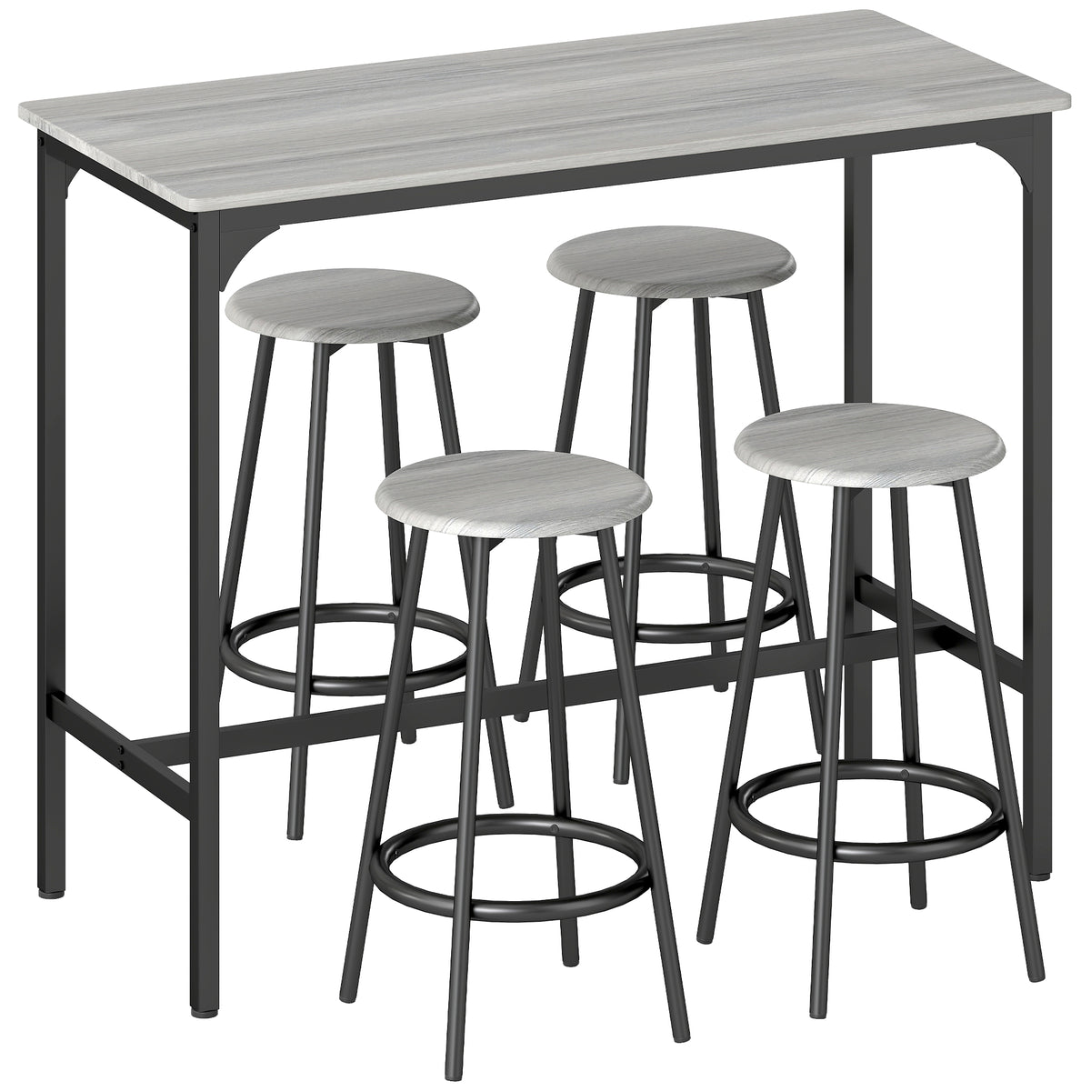 Ensemble table haute et 4 tabourets avec Repose-Pieds, métal noir et aspect bois pour cuisine salle à manger