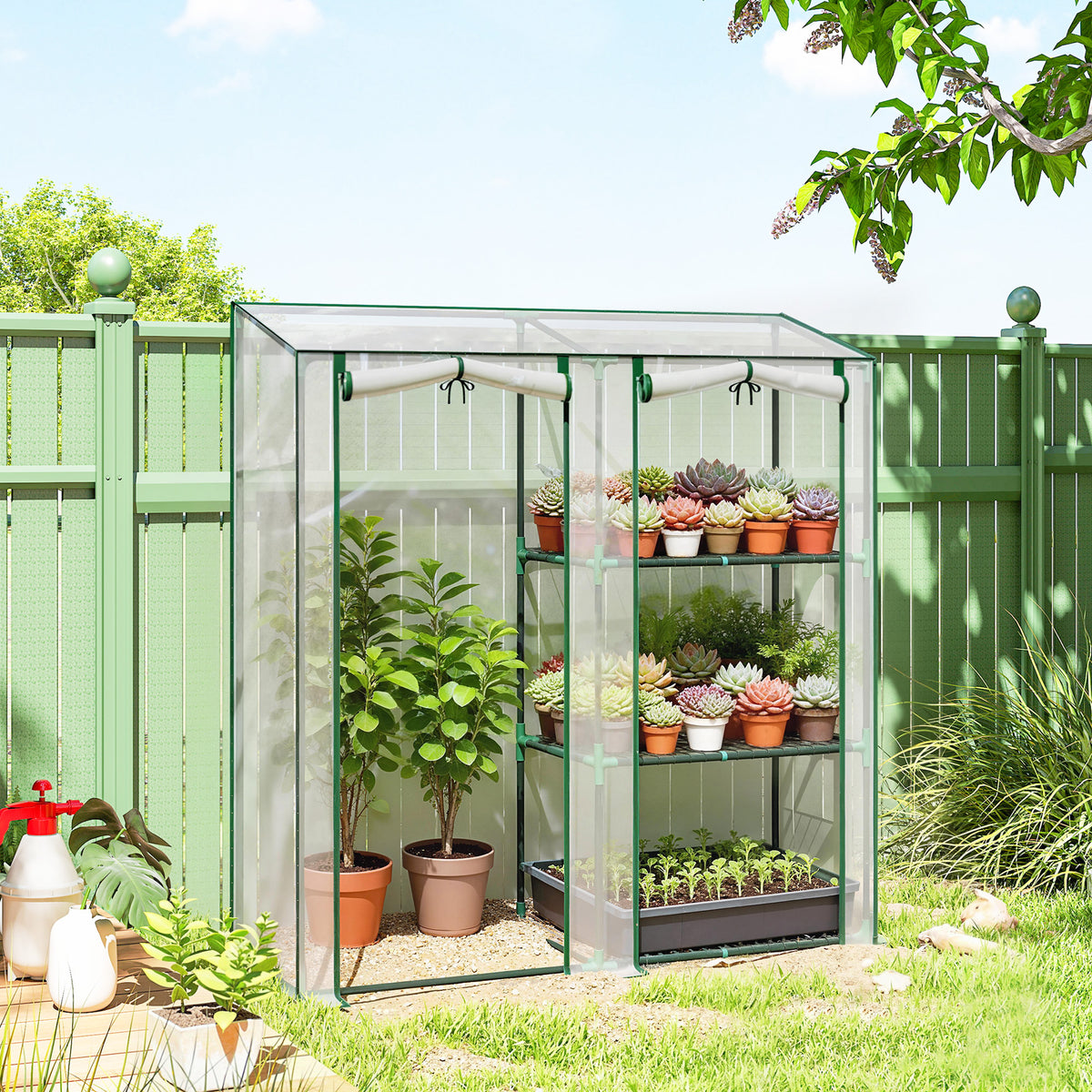 Serra da giardino con 3 ripiani, piccola serra con copertura in PVC e telaio in acciaio, 2 porte avvolgibili, trasparente