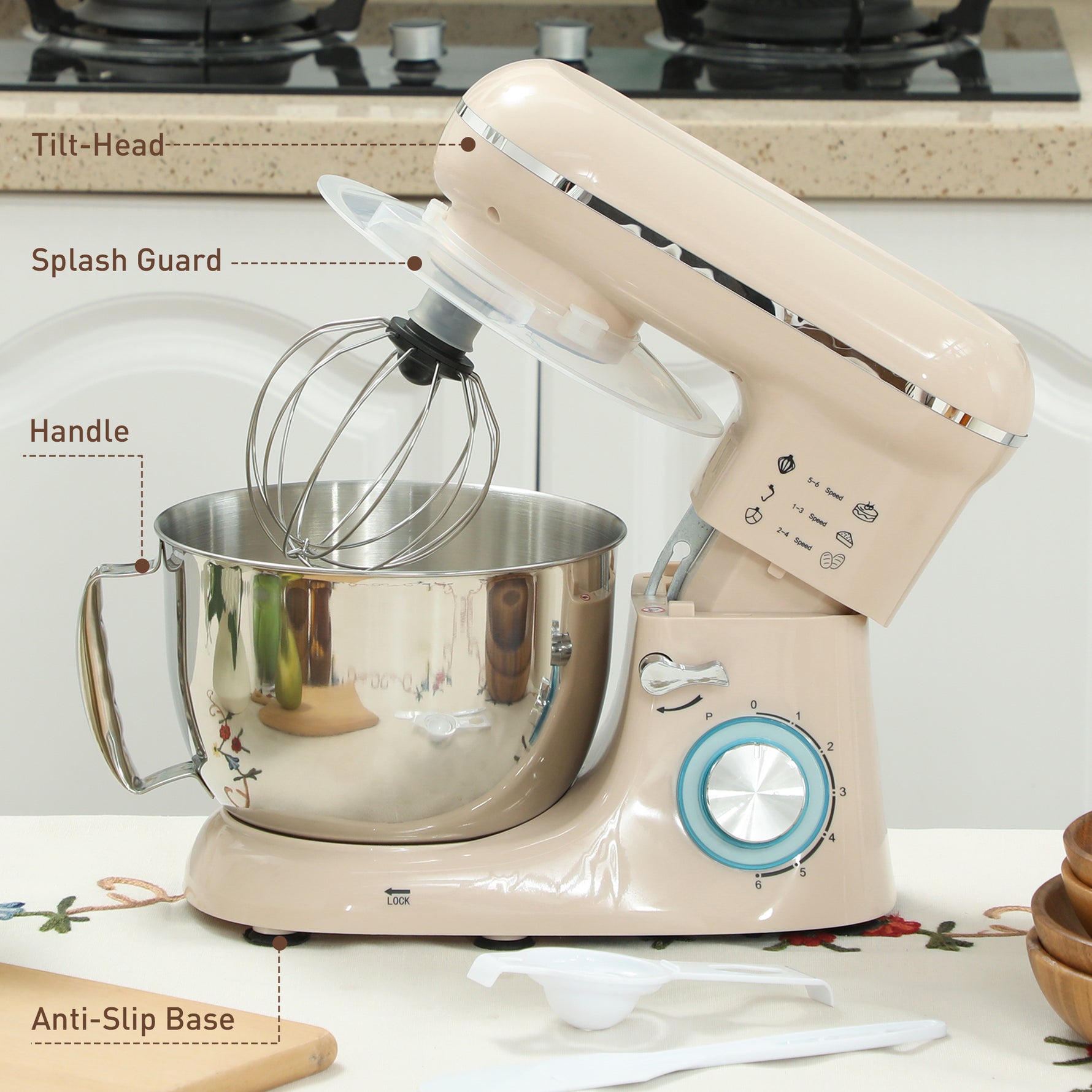 Robot pâtissier 1300 W, robot pétrin professionnel 4,5 L, bol d'acier inoxydable, 6+P vitesses et pulse, beige