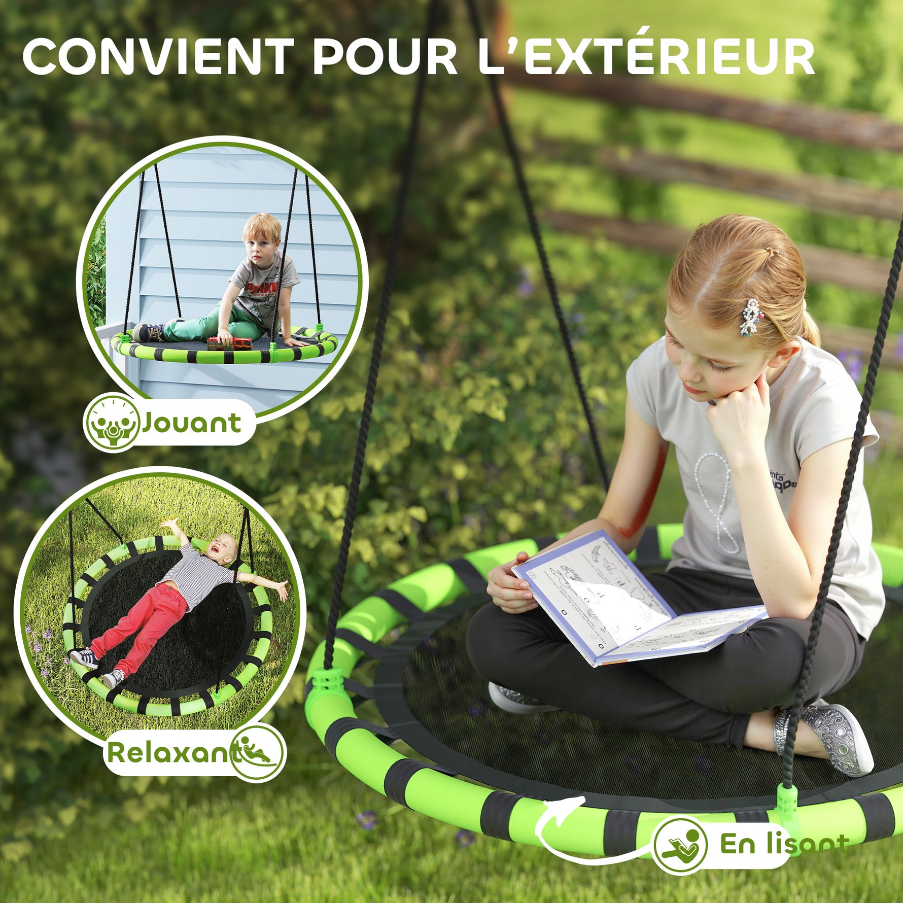 Balançoire nid d'oiseau, balançoire suspendue avec cordes réglables en hauteur, siège rond Ø 100 cm, noir