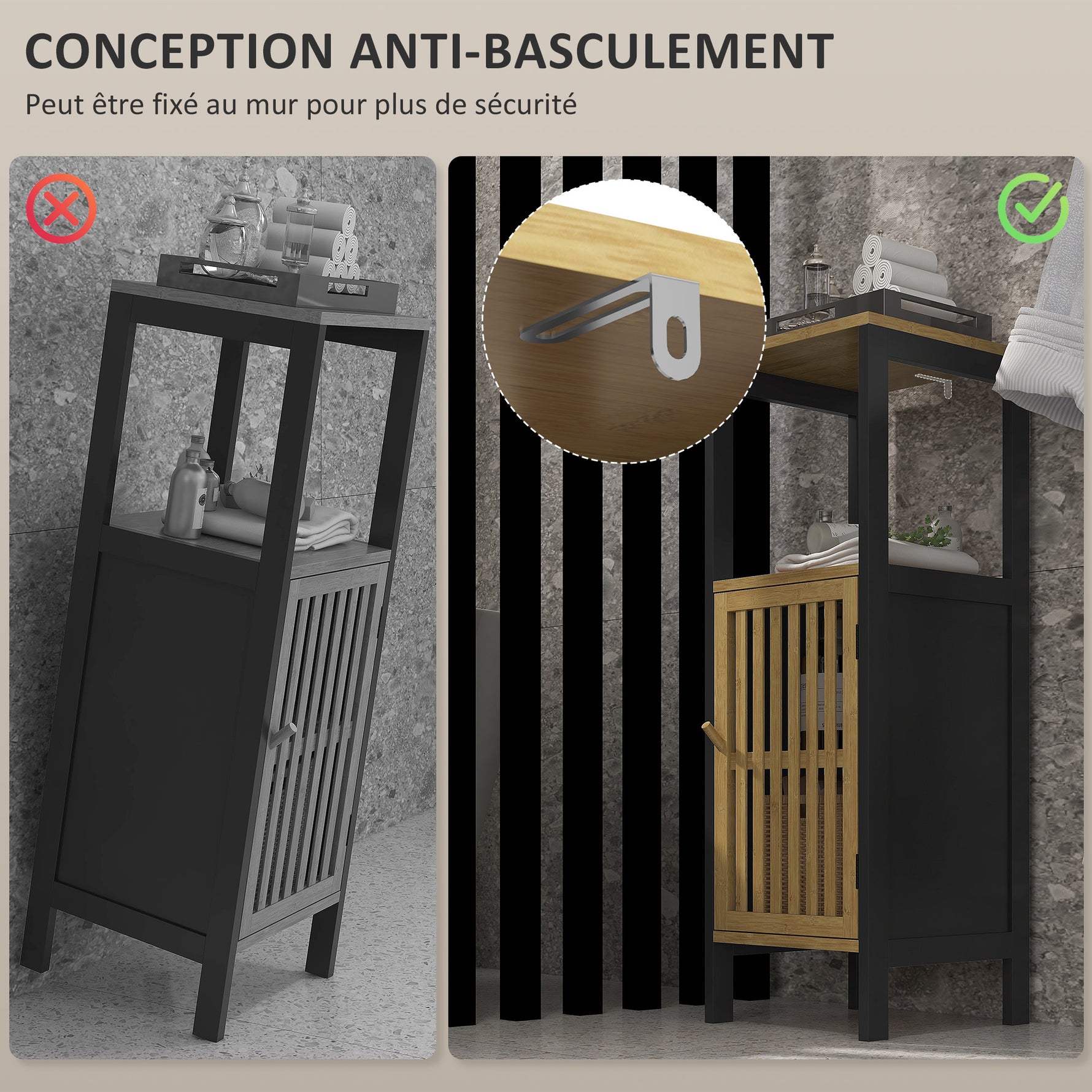 Meuble bas de salle de bain en bambou avec placard 1 porte niche ouverte 32 x 30 x 90,5 cm, noir et bois