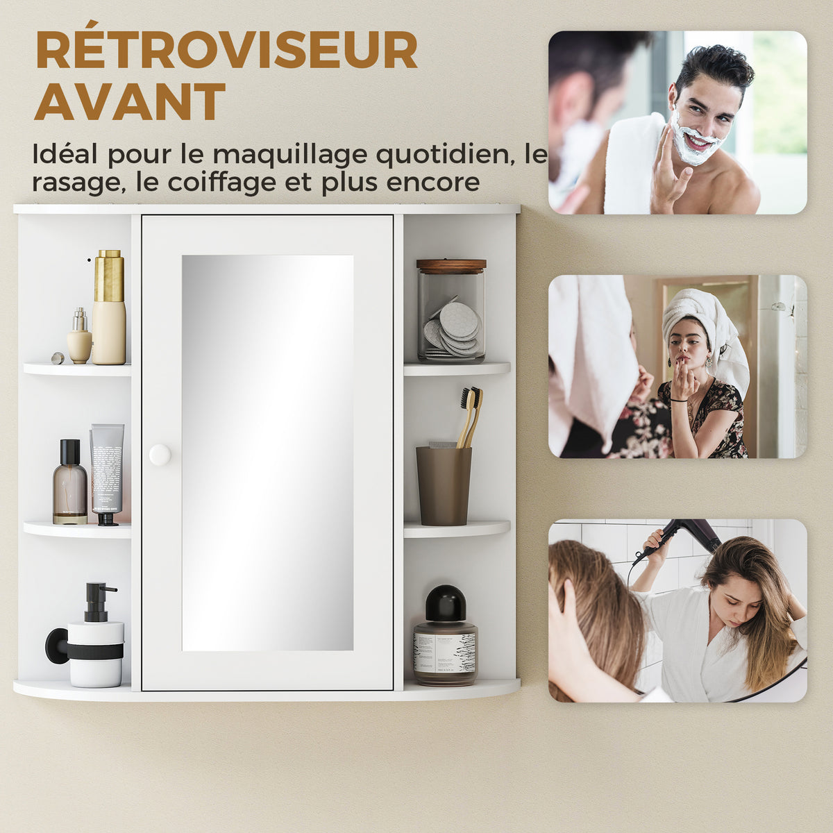 Armoire Murale avec Miroir Salle de Bain Meuble Miroir avec Rangement Toilettes 1 Porte + étagères latérales