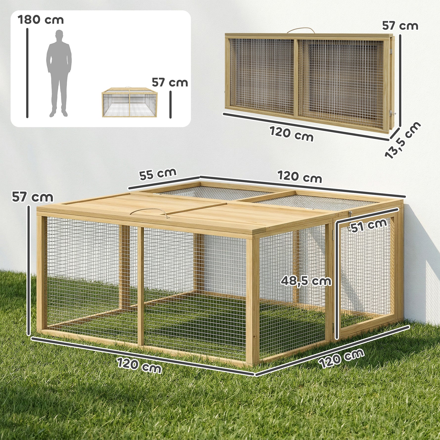 Enclos Lapin Extérieur Cage Lapin Intérieur Pliable Toit Ouvrant Total Poignée 1,44㎡ 120x120x57cm Naturel