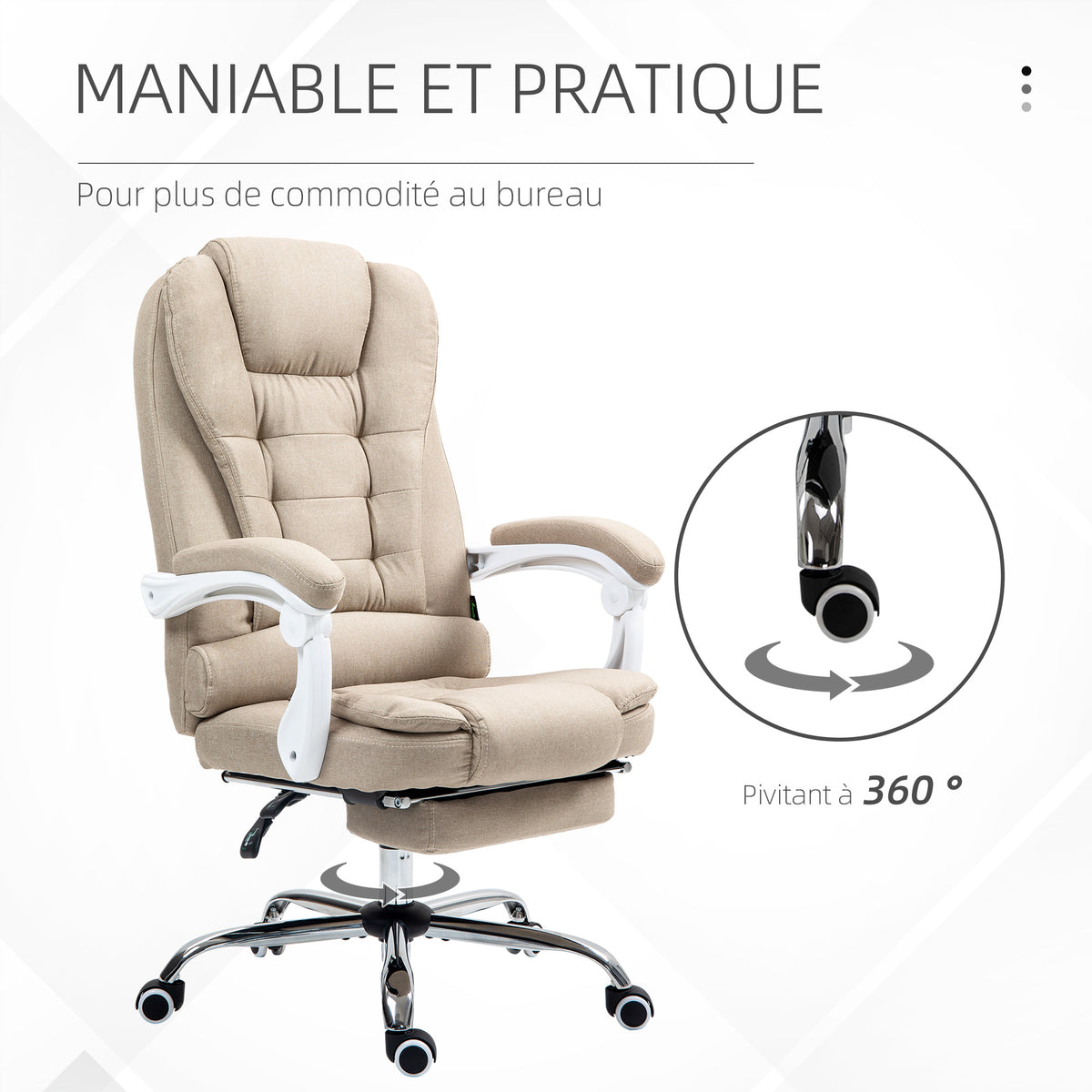 Fauteuil de bureau manager chaise pour ordinateur avec repose-pied dossier inclinable accoudoirs rembourrés en lin beige
