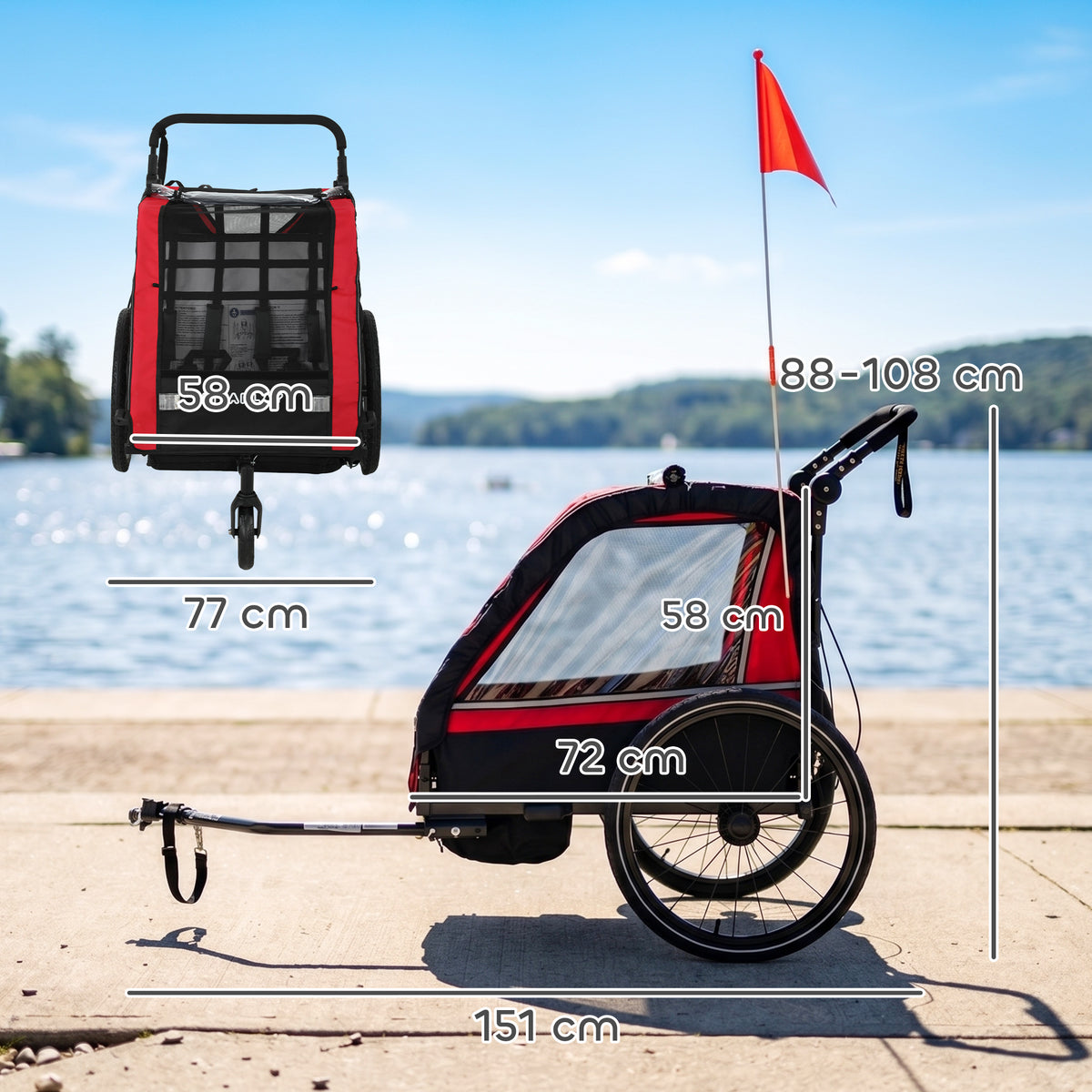 Remolque de bicicleta para niños 2 en 1, cochecito de bicicleta para bebés de 2 plazas, manillar ajustable, freno de mano, cinturón de seguridad, rojo