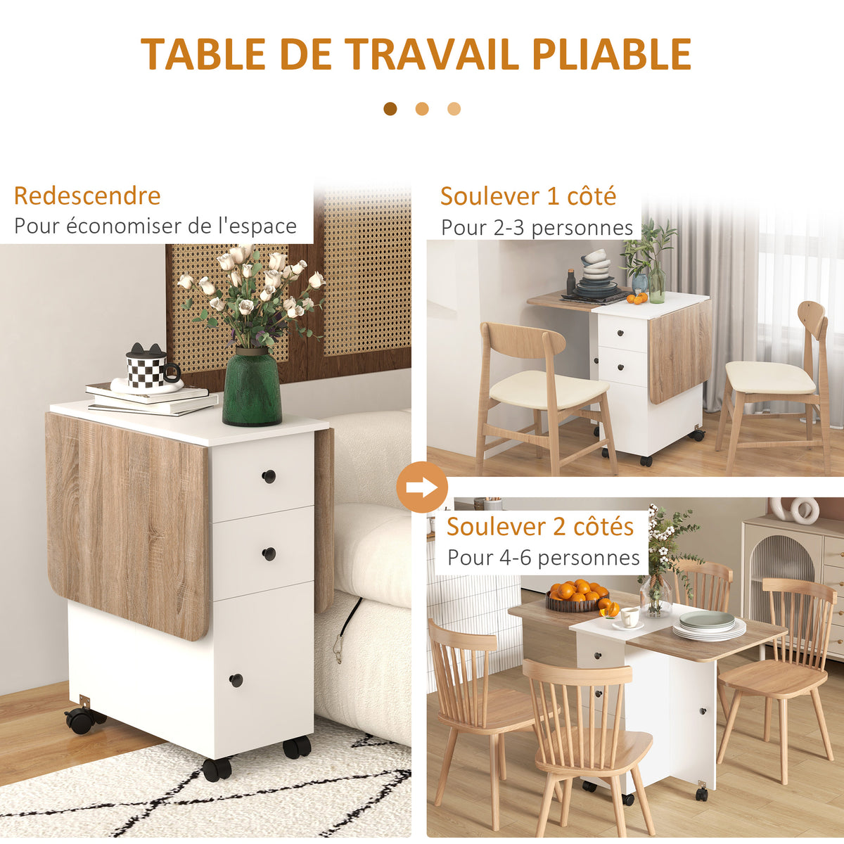 Table de cuisine pliable table à manger pliante 2 plateaux rabattables avec 2 tiroirs 1 placard blanc et chêne