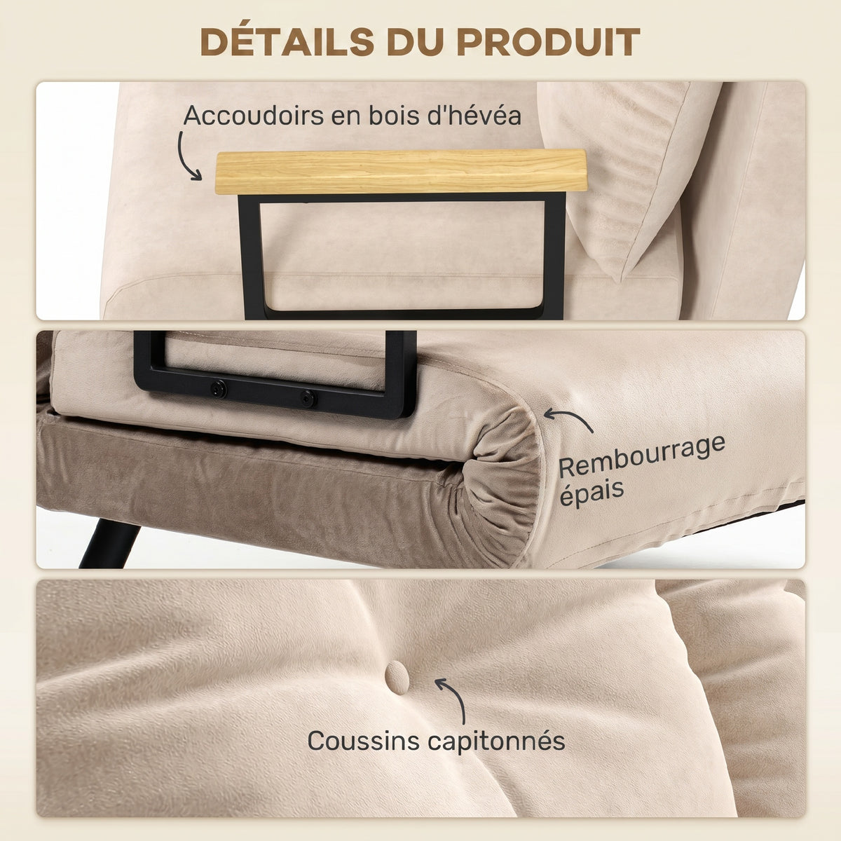 Canapé convertible 2 places avec dossier réglable à 5 niveaux et 2 coussins rembourrés, revêtement effet velours, beige
