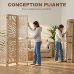 Paravent interieur en bois 6 panneaux 240 x 170 cm, pliable et portable, motif de feuille, design amovible, bois naturel