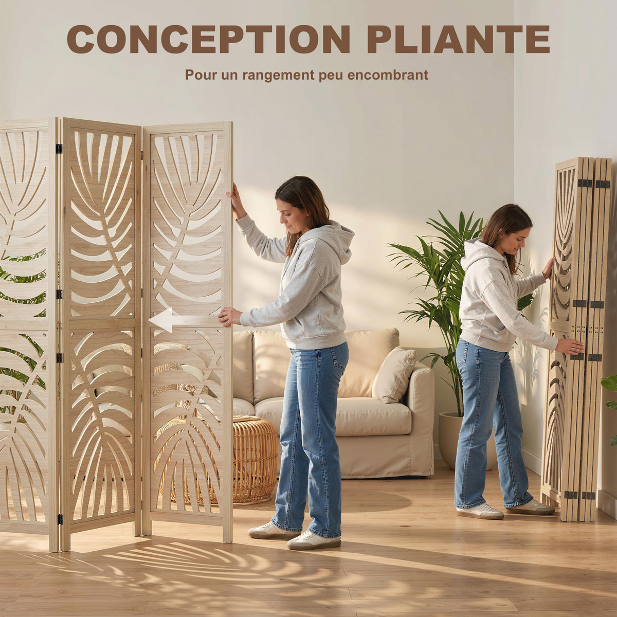 Paravent interieur en bois 6 panneaux 240 x 170 cm, pliable et portable, motif de feuille, design amovible, bois naturel