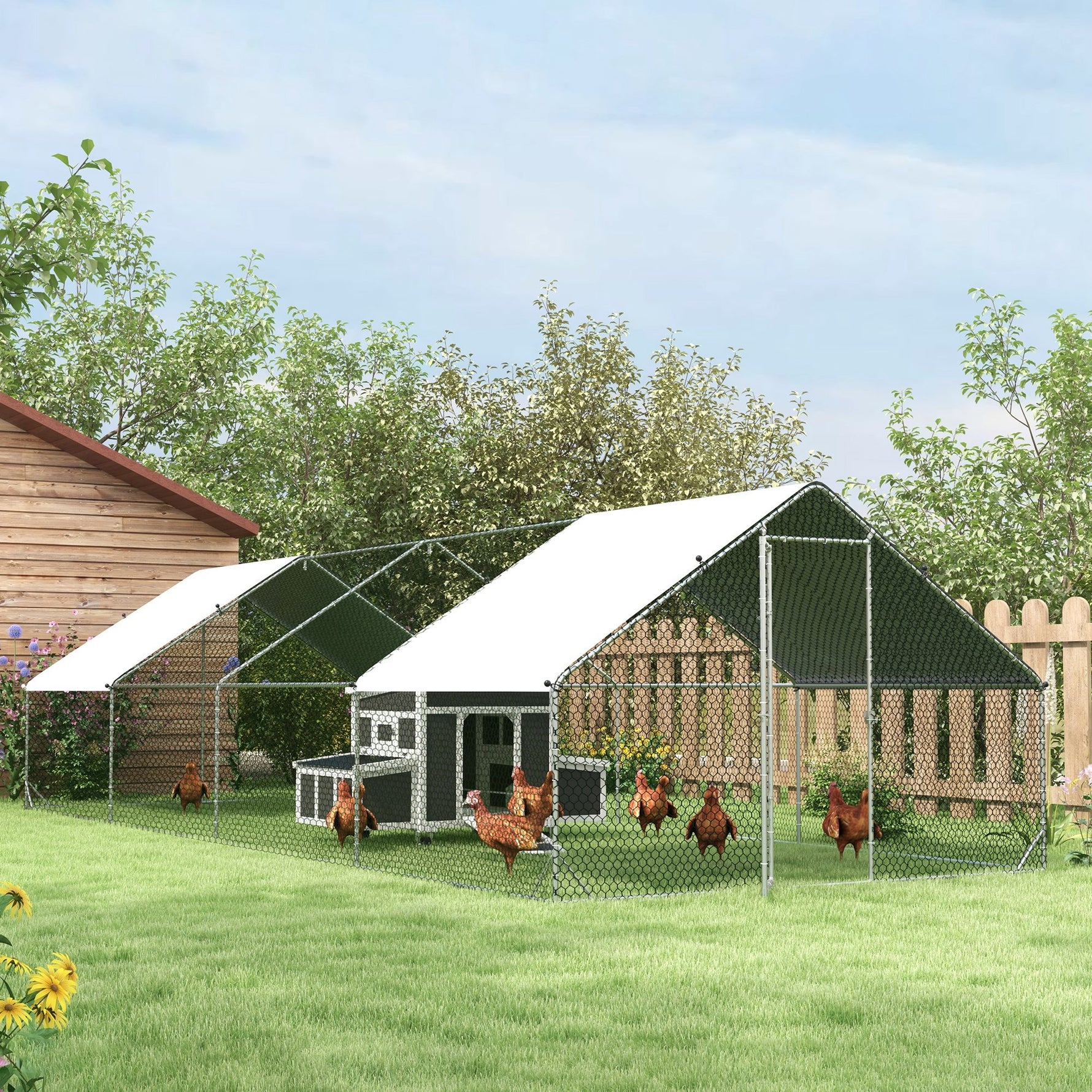 Enclos poulailler chenil volière extérieur 24 m² - Parc grillagé dim. 3L x 8l x 2H m - Espace Couvert - Acier galvanisé