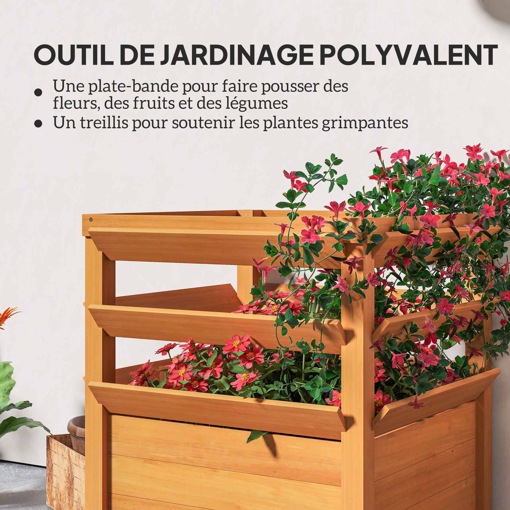 Jardinière avec treillis, lit surélevé de jardin fond ouvert, bac à fleurs en bois 65 x 65 x 73 cm, marron clair