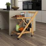 Desserte de cuisine en bambou chariot de service pliable 2 plateaux 4 roues 3 casiers à vin 66 x 40 x 70 cm bois naturel