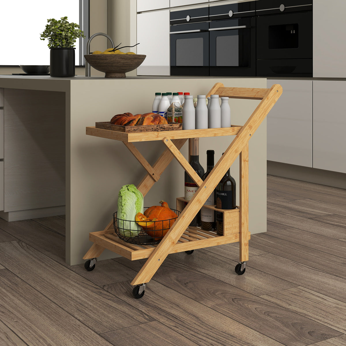 Desserte de cuisine en bambou chariot de service pliable 2 plateaux 4 roues 3 casiers à vin 66 x 40 x 70 cm bois naturel