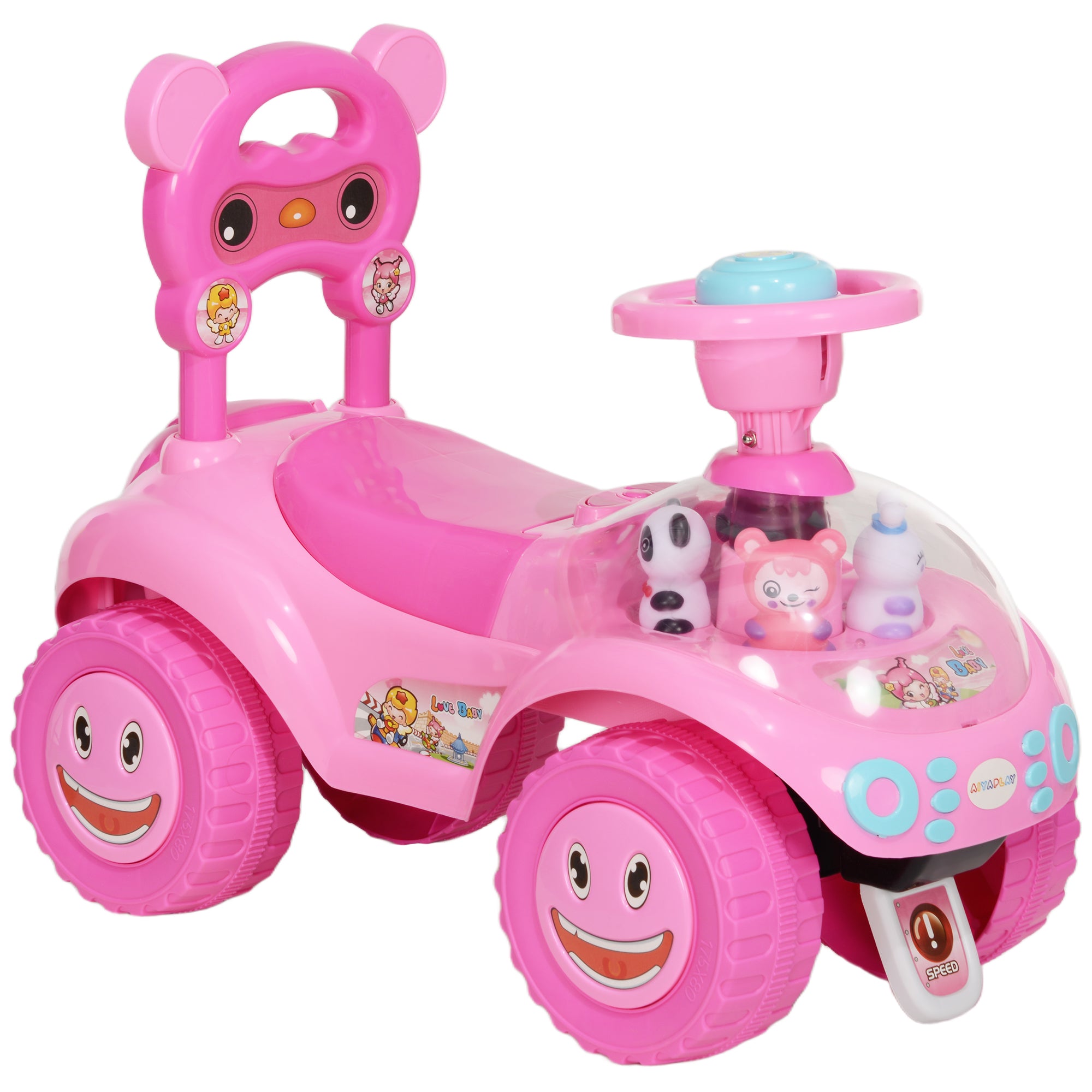 Voiture Porteur pour Enfants, Véhicule à Pousser avec Klaxon, Lumières, Musique, Volant, Rangement Sous le Siège, Rose