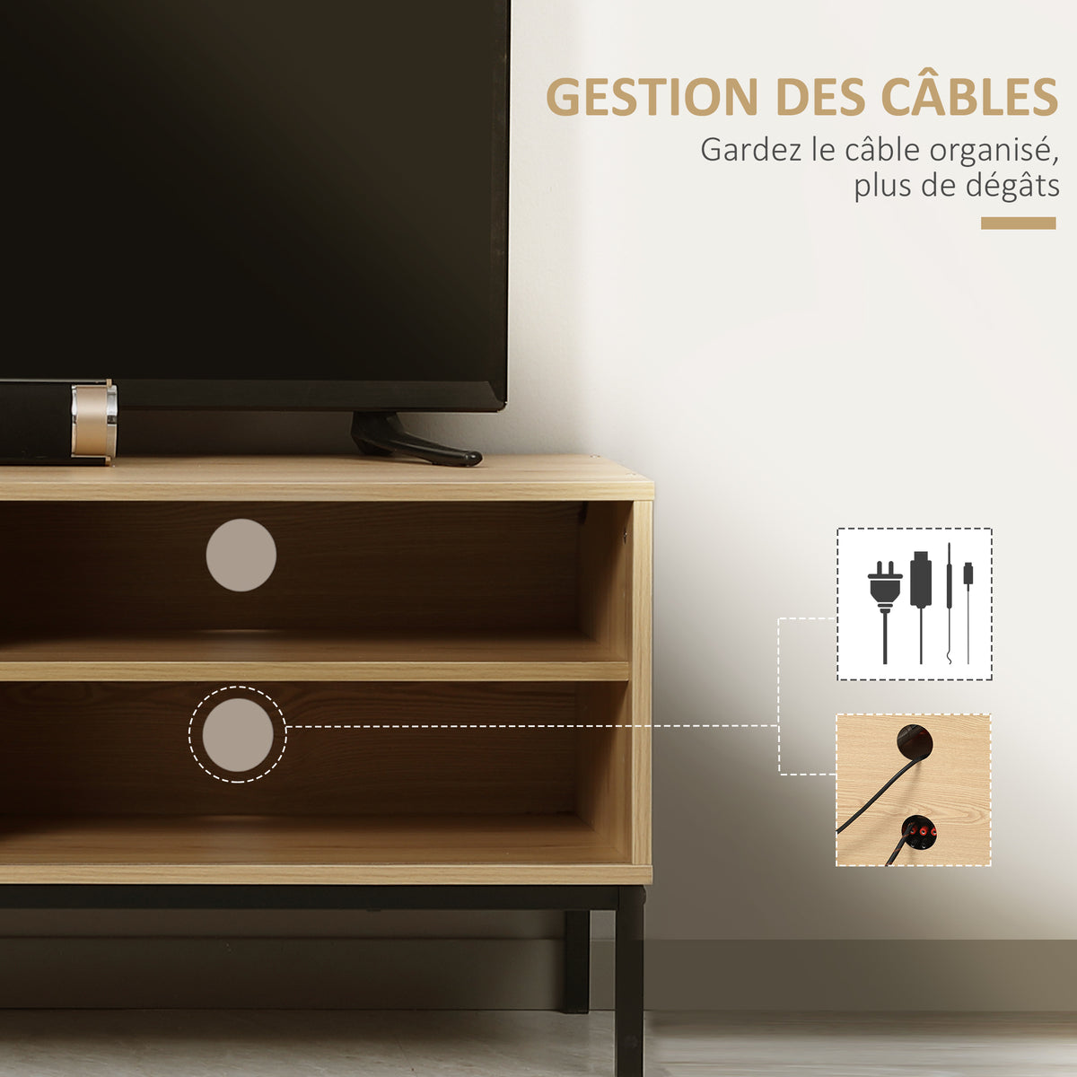 Meuble TV max. 50 pouces 3 compartiments 2 passe-câbles avec porte coulissante - dim. 120L x 39,5l x 46H cm