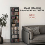 Rangements pour CD et DVD 9 compartiments et 6 étagères réglables capacité max. 260 CD/120 DVD 33 x 24 x 140 cm gris