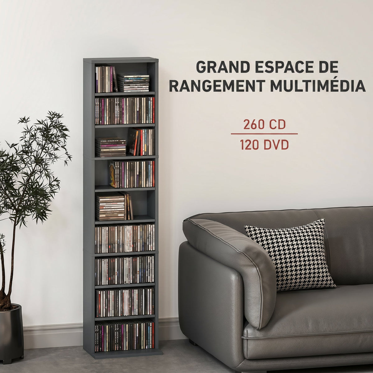 Rangements pour CD et DVD 9 compartiments et 6 étagères réglables capacité max. 260 CD/120 DVD 33 x 24 x 140 cm gris