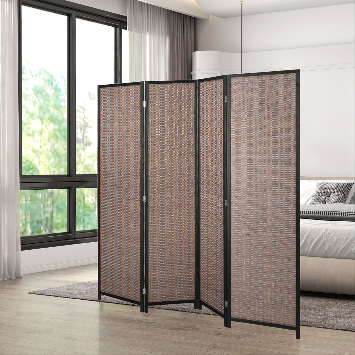 Biombo de madera separador de ambientes, panel divisor plegable, 4 paneles, 180 x 180 cm, marrón