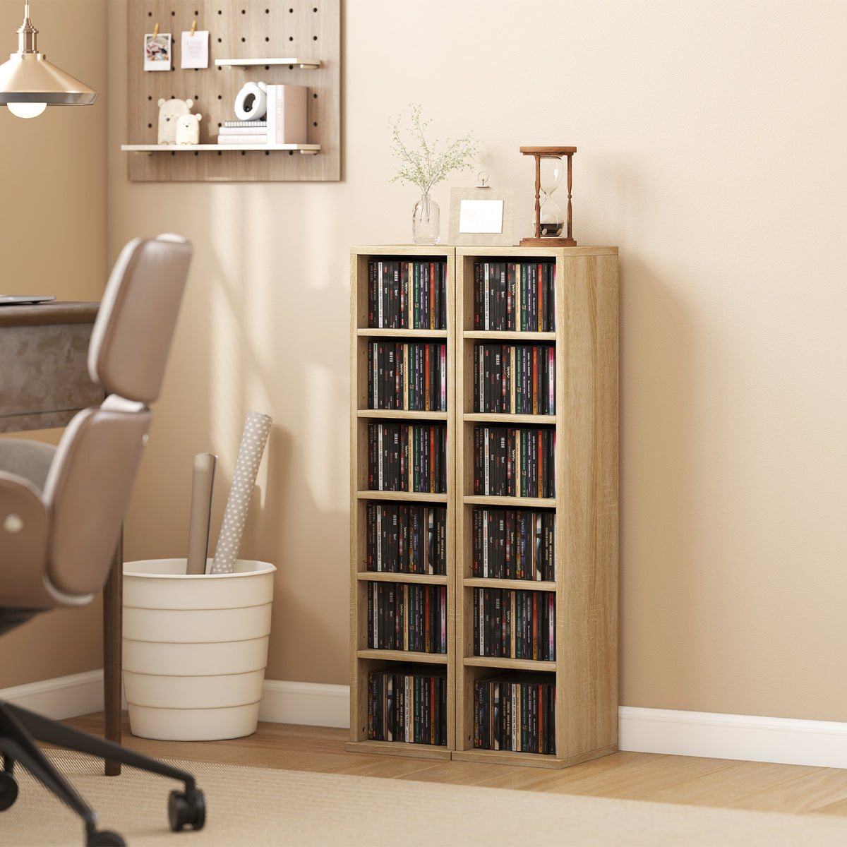 Lot de 2 étagères colonnes armoire de rangement CD-DVD 12 compartiments 21 x 22,5 x 88,5 cm capacité 204 CD chêne