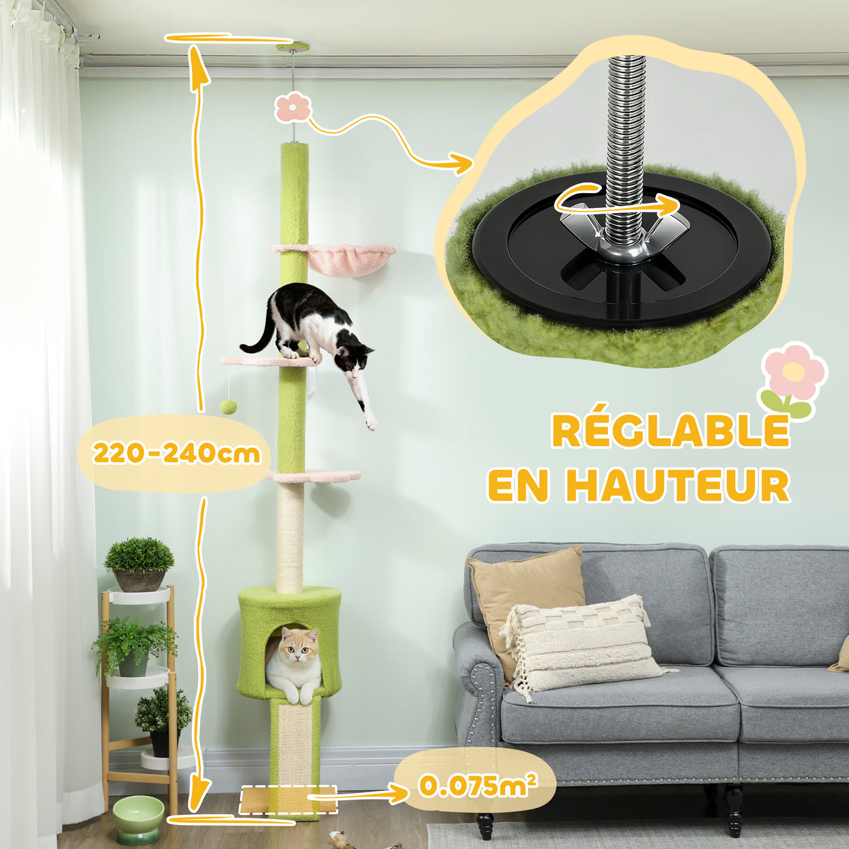 Arbre à chat du sol au plafond 5 niveaux hauteur réglable 220-240 cm plateformes fleur avec griffoir niche hamac vert